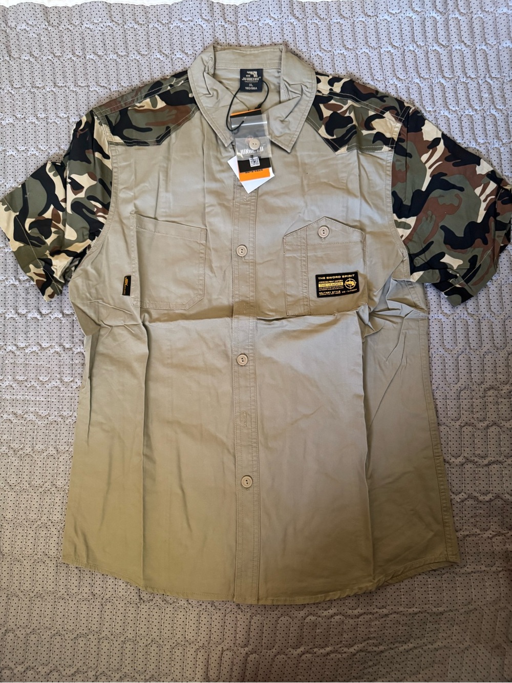 Men's Short-Sleeve Button-Down Utility Shirt in Tan with Camo Sleeves